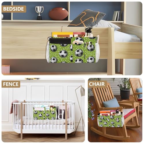 Bedside Caddy Hanging Bunk Bed Caddy Bed Organizer Hanging Pocket with 2 Hooks Bedside Storage Organizer Pocket Bag Holder Deep Green Soccer Balls Dots - color: Deep Green Soccer Balls Dots