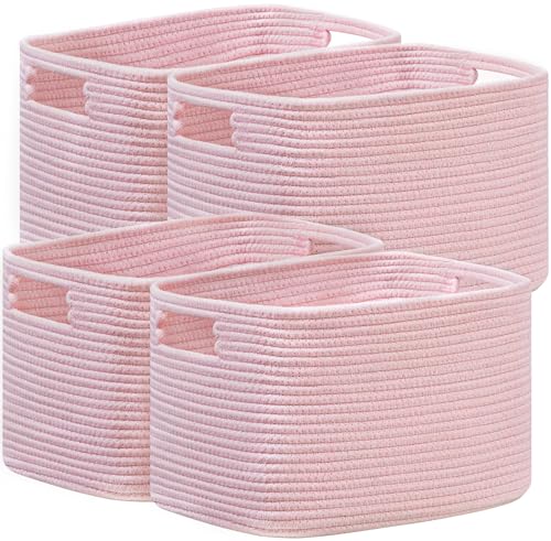 UBBCARE 4 Pack Storage Baskets for Organizing, Shelf Baskets with Handles, Woven Storage Baskets for Bookcase/Cube Shelf/Closet, 14.5"L x 9.8"W x 9"H, Pink - color: Pink, size: 4 Pack-14.5"(L)×9.8"(W)x9"(H)