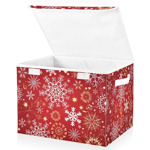xigua Christmas Snowflakes Storage Bins with Lids and Carrying Handle,Foldable Storage Boxes Organizer Containers Baskets Cube with Cover for Home Bedroom Closet Office - color: Christmas Gold and White Snowflakes