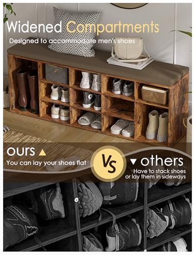 DINZI LVJ Shoe Storage Bench with Cushion, 15-Cubby Rack, Adjustable Shelves, Long Organizer Bench for Entryway, Mudroom, Hallway, Living Room, Bedroom and Garage, Rustic Brown - color: Rustic Brown, size: 15 Cubby