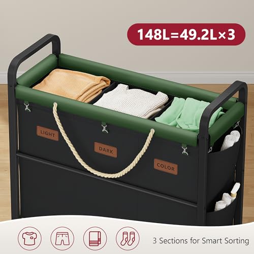 Tajsoon 148L Large Laundry Sorter 3 Section, Laundry Hamper with Heavy Duty Lockable Wheels, Rolling Laundry Basket with Super Sturdy Metal Frame and Handle, Removable Bags & Leather Patchwork, Black - color: Black, size: 3 Bag 148L