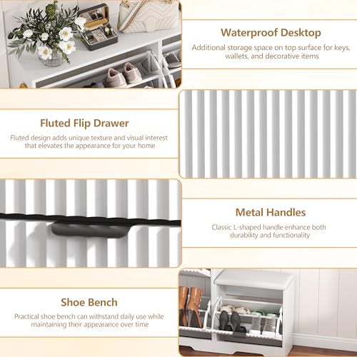 HUANLEGO Shoe Cabinet Storage for Entryway with 4 Flip Drawers, White Fluted Shoe Cabinet with Bench, Wooden Hidden Shoe Rack Freestanding Narrow Slim Shoes Storage Organizer for Hallway, Entrance - color: White, size: 4 Drawer with Bench