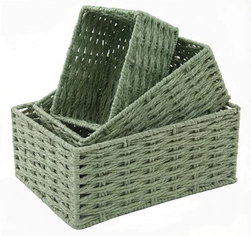 Small Wicker Basket for Organizing, Woven Storage Basket Set of 3 - Handwoven Natural Paper Rope Baskets to Declutter Any Room, Perfect for Organizing and Home Decor (Green) - color: Green