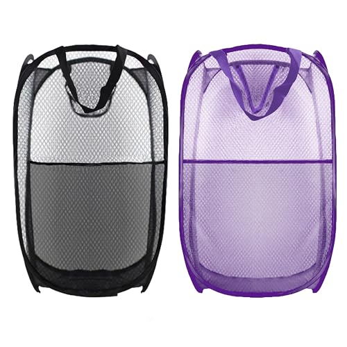 Collapsible Pop Up Laundry Hamper, Extra Large Mesh Foldable Laundry Basket Bag, 28" x 16" x 16", 2 Pack (Black + Purple) - color: 2P Black+Purple