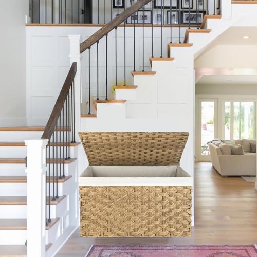 Wicker Storage Basket with Lid, 42.3 Gallon (160L) Large Blanket Basket with Lid, Woven Storage Bin with Handles, Removable Liner, Metal Frame, Foldable, for Bedroom, Laundry Room, Natural - color: Natural, size: 160L:17.7 x 29.9 x 18.1 Inches