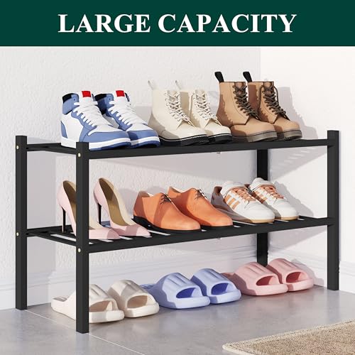 Smiry Bamboo Shoe Rack for Closet, 2 Tier Wooden Stackable Shoe Organizer, Free Standing Shoes Storage Shelf for Entryway, Front Door Entrance, Black - color: Black, size: 2 Tier - Medium