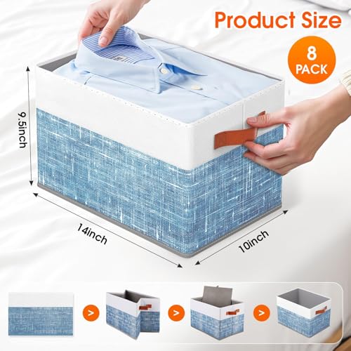 Fab totes Collapsible Storage Baskets for Shelves,14"x10", 8 Pack Foldable Fabric Storage Bins with Double Leather Handles, Large Baskets for Organizing Books, Clothes, White & Blue - color: Blue, size: 8pack