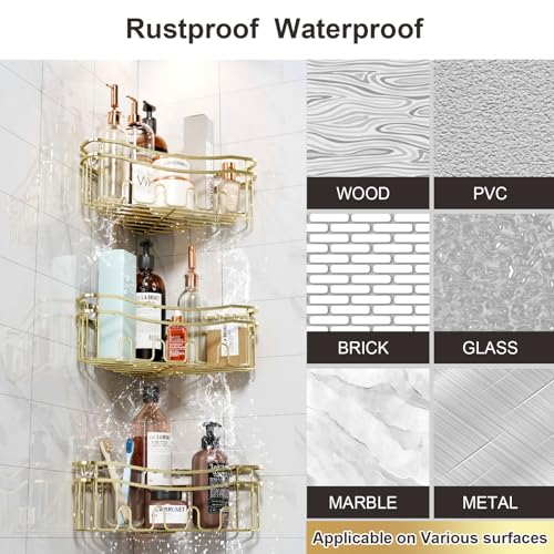 Gold corner shower caddies with depth caddy and Built in 12 hooks rustproof wall mounted No drilling No marring adhesive bathtub corner organizer for bathroom kitchen and laudry room - color: GOLD