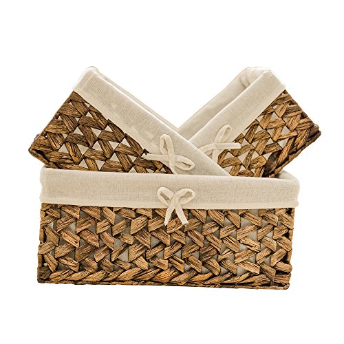 Water Hyacinth Storage Baskets Set of 3 with Metal Frame & Removable Liner, Large Medium Small Rectangular Woven Organizer Bins for Closet, Bedroom, Bathroom, Kitchen, Home Organization - size: Set of 3