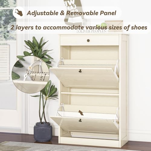 FTZxHKLX Shoe Cabinet with 2 Flip Drawers, Slim Freestanding Hidden Shoe Organizer with Drawer, Pet-Proof Shoe Storage Cabinet for Entryway Living Room Behind The Door, Light Oak - color: Light Oak, size: 1pcs