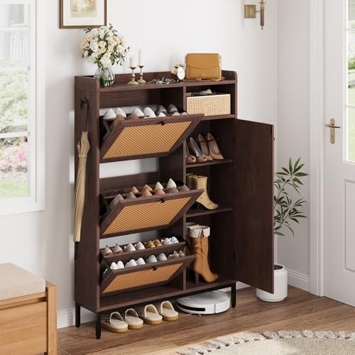 GarveeHome Shoe Cabinet Rattan with 3 Flip Drawers and 4-Tier Shoe Storage Cabinet, Freestanding Shoe Organizer with Adjustable Shelves for Entryway, Closet, Hallway - color: Deep Cherry, size: 3-Drawers + 1-Door