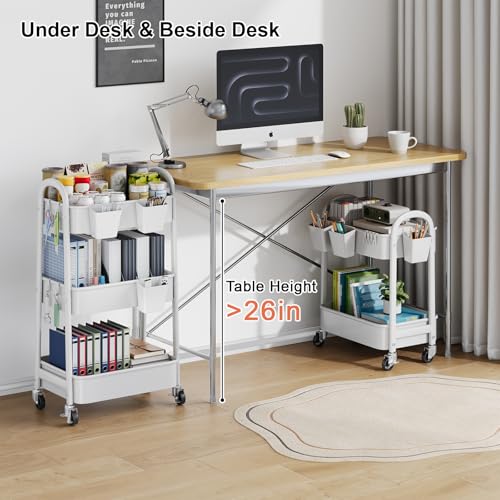2 Tier Rolling Cart Metal with Wheels, White Under Desk Storage Roller Caddy on Wheels, Two Tiered Short Shelf Trolley, Small Utility Organizer Carts for Dorm, Bathroom, Craft, Art, Baby, Pantry,Snack - color: Simple White, size: 2 tier