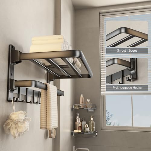 VOLDRA Towel Racks for Bathroom, 24-Inch Towel Shelf with Towel Bar Foldable Towel Holder with 7 Hooks Towel Storage Organizer for Bathroom & Lavatory Wall Mounted(Matte Black) - color: Matte Black, size: Extra 1 towel bar