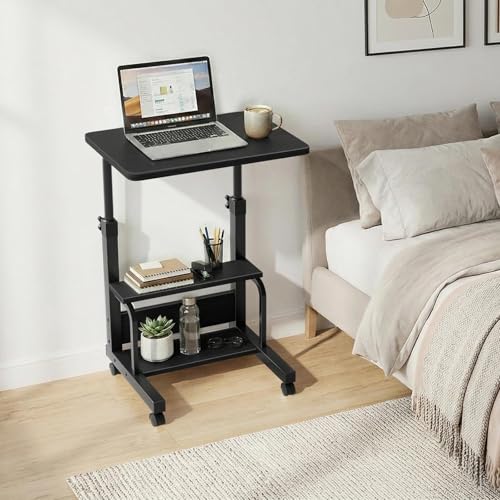 WINAZ Small Rolling Desk for Small Spaces - 24" Portable Kids Desk with Wheels, Height Adjustable C Shaped Side Table Mobile Laptop Desks with 2-Tier Storage Shelves for Bed Sofa, Black - color: Black