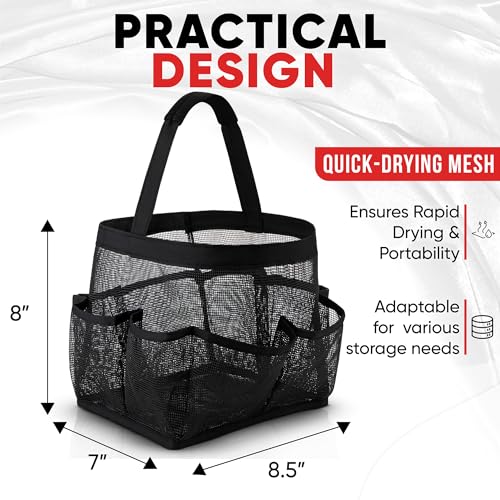 Masirs Shower Caddy Mesh - 9 Pocket Portable Bathroom Organizer Tote for Travel, Gym & Dorm - Collapsible Small Shower Caddy Bag to Hold Toiletries & Essentials (Black) - color: Black