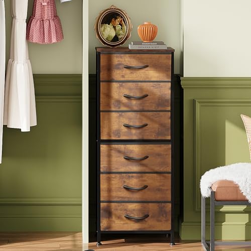 WLIVE Tall Dresser for Bedroom, 6 Drawer Vertical Fabric Dresser, Skinny Chest of Drawers, Narrow Storage Tower with Wood Top and Metal Frame, Tall Nightstand for Closet, Rustic Brown Wood Grain Print - color: Rustic Brown Wood Grain Print, size: 11.73"D