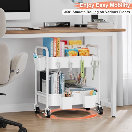 2 Tier Small Rolling Metal Cart with Wheels, White Under Desk Storage Cart on Wheels, Short Utility Roller Carts Organizer for Pantry, Bathroom, Kitchen,Office, Two Tiered Mobile Storage Shelf Trolley - color: Light White, size: 2-Tier + Cups + Hooks