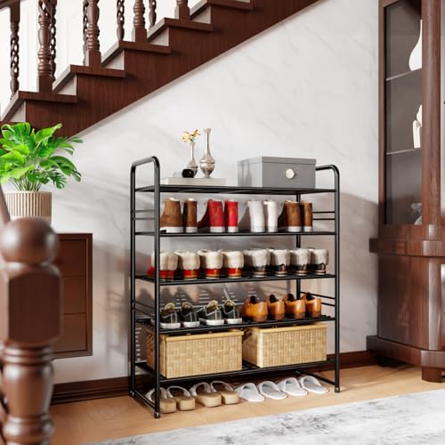 SUFAUY 33" Wide Shoe Rack, 5-Tier Shoe Storage Rack for 24-30 Pairs of Shoes, Shoe Organizer for Entryway, Stackable, Heavy Duty, Steel Frame, Industrial, Black - color: Black, size: 5 Tier