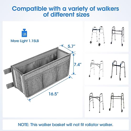 Dotday Upgraded Walker Basket with Cup Holder, Foldable Walker Bag with Large Capacity & Never Tipping Over, Not Fit for Rollator - Grey - color: Grey