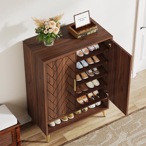 Tribesigns 6-Tier Shoe Cabinet with Doors, Wooden Shoe Storage Cabinet with Adjustable Shelves for Entryway, Hallway, Bedroom (Walnut)