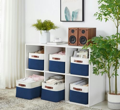 DECOMOMO Storage Bins, Large Fabric Storage Baskets for Shelves, Decorative Linen Closet Organizer, 15 x 11 x 9.5 inches (Navy Blue & White, 3 Pack) - color: Blue Navy and White, size: Large/3P