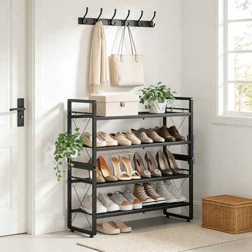 ELYKEN Shoe Rack, 4-Tier Expandable Shoe Organizer for Entryway, Metal Black Shoe Shelf with 4 Hooks, Adjustable Shoe Stand Holder for Closet, Garage, Door Entrance - size: 4-Tier