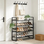 ELYKEN Shoe Rack, 4-Tier Expandable Shoe Organizer for Entryway, Metal Black Shoe Shelf with 4 Hooks, Adjustable Shoe Stand Holder for Closet, Garage, Door Entrance - size: 4-Tier
