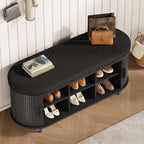 Oval Shoe Storage Bench with Padded Seat Cushion, 2-Tier Fluted Shoe Cabinet with Adjustable Shelves, Mid-Century Bench Compact for Entryway, Hallway, Closet, Front Accent, Foyer, Bedroom, Black