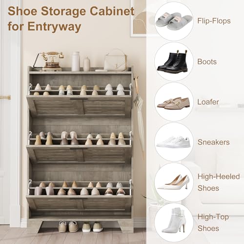 Garvee Shoe Storage Cabinet with 3 Flip Drawers, Freestanding Shoe Organizer Storage for Entryway with 2 Side Hooks, Farmhouse Hidden Slim Narrow Shoe Rack Cabinet, Gray - color: Grey, size: 3-Drawers