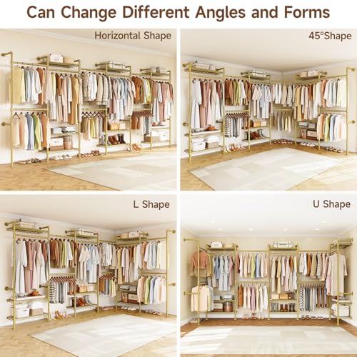 H6 Wall Mounted Closet System, Industrial Pipe Clothes Rack Clothing Racks with 6 Telescopic Rods & 3 Fixing Rods & 9 Shelves, Heavy Duty Closet Organizers and Storage in Wardrobe Closet (Gold) - color: Gold