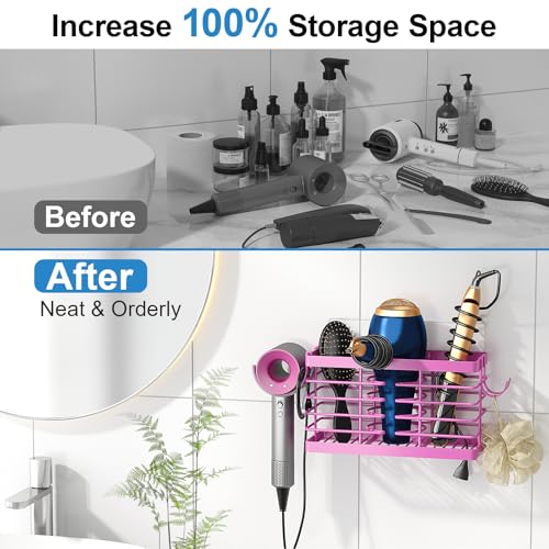 Sevenblue Hair Tool Organizer, 3-in-1 Universal Hair Dryer Holder, Adjustable Height Metal Blow Dryer Holder Wall Mounted/Over Cabinet Door/Free-Standing (Pink) - color: Pink
