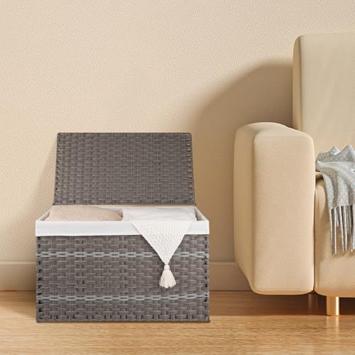 OIAHOMY Storage Basket with Lid, 42.3 Gallon (160L) Blanket Basket with Removable Liner Bag, Synthetic Wicker Hamper with Handle, Foldable, Hamper for Living Room, Grey - color: Grey, size: 160L
