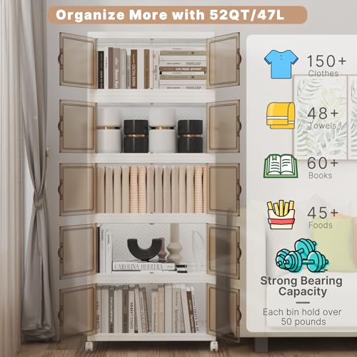 UAMFURI Stackable Storage Bins with Lids 240QT-48QT*5Pack Folding Storage box with Doors and Wheels, Collapsible Plastic Bins Stackable Organizer and Containers for Home, Garage, Office - color: white, size: 5PACK-20"W12"D54"H