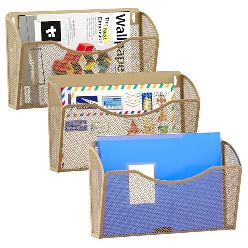 EasyPAG 3 Pack Wall File Organizer, Metal Mesh Hanging File Folder Holder for Letter/A4 Size Folders, Vertical Wall Mount Mail Sorter for Office Paperwork, Classroom, Gold - color: Gold