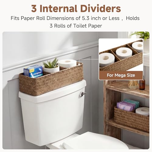 StorageWorks Toilet Paper Basket for Back of Toliet，Basket with 3 Enlarged Compartments, Seagrass Toilet Paper Storage Baskets, 16½"x 5½"x 5½", Brown, 2-Pack - color: Brown（Seagrass）, size: 16½"L x 5½"W x 5½"H