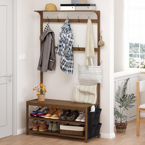 AMBIRD Hall Tree with bench and shoe storage, Entryway Bench with shoe storage, 6-in-1 Coat Rack with Cloth Bag and14 Coat Hooks, Sturdy Bamboo Frame, Large Size, Brown 39 * 15 * 70 Inches - style: Classic, 39'' L