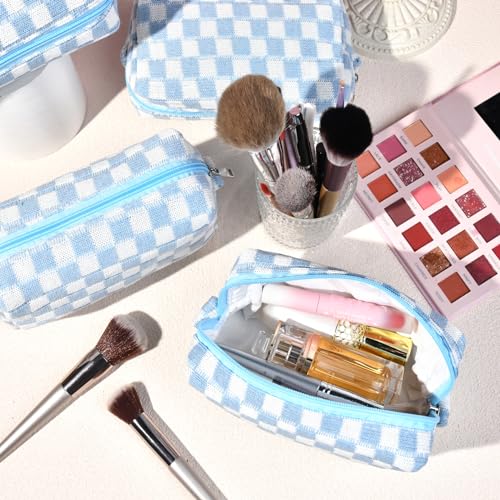 SOIDRAM Checkered Makeup Bag Preppy Cosmetic Bag Bulk Blue Makeup Pouch Personalize Travel Toiletry Bag Organizer Cute DIY Makeup Brushes Storage Bag for Women - color: Light Blue, size: 6 Pack