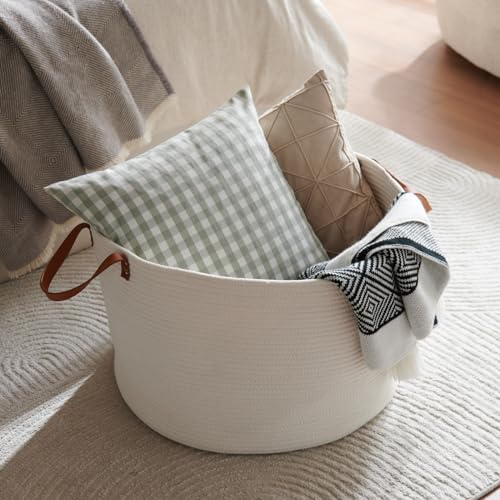 Luxury Little Extra Large Nursery Storage Basket, 22 x 22 x 14 inches - 100% Cotton Rope Baskets with Handles, Laundry Basket for Toys, Blankets & Pillows - Off White with Leather Handles - color: White