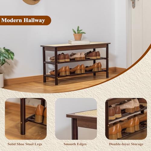 Bamboo Entryway Bench with Woven Rattan Seat, 2-Tier Shoe Storage Bench for Hallway & Entryway 31.5 inches Walnut - color: Walnut, size: 31.5 inch