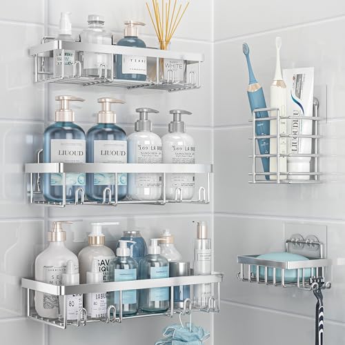 Liuoud 5 Pack Shower Caddy Organizer Rack Shelf for Inside Shower, Self Adhesive Bathroom Wall Storage Basket Rustproof Stainless Steel Large Capacity Shampoo Holder, Silver - color: Silver