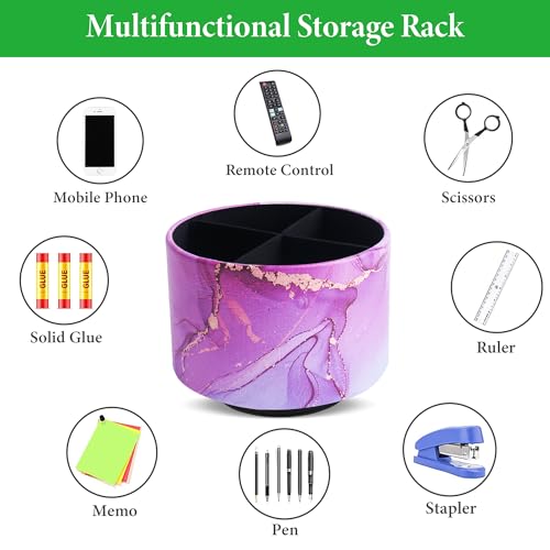 Round Leather Art Supply Organizer,Remote Control Holder,360-degree Rotating Pen Organizer with 4 Compartments(1-Purple Blue Splash Ink) - color: 1-Purple Blue Splash Ink