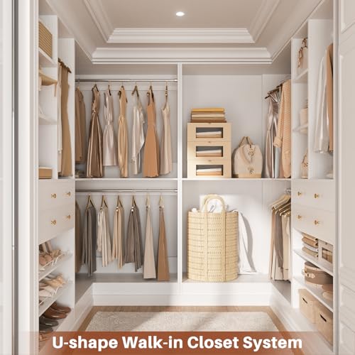 Besiost Closet System with 4 Drawers & Corner Tower, Closet Organizer System with 4 Hanging Robs, Reversible U Shaped Walk-in Closet System, Load 2600+LBS Capacity, Set of 4, White - color: White, size: 117" * 31.5"