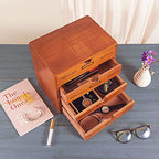 Wooden Storage Box Rustic Desktop Organizer with Drawers/Labels 4 Tier Office Desk Accessories Shelf with A6 Clipboard Small Craft Storage Apothecary Cabinet and Chest Jewelry Holder for women