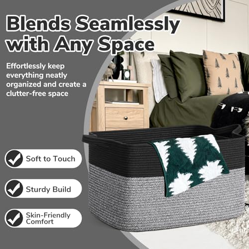 Goodpick Large Woven Blanket Basket 21.6" x 14.9" x 11.8" Storage Baskets for Organizing, Rectangle Baby Toy Bins for Kids Organizer Living Room Bedroom, Black & Gray - color: Black & Gray, size: Large(21.6"L x 14.9"W x 11.8"H)