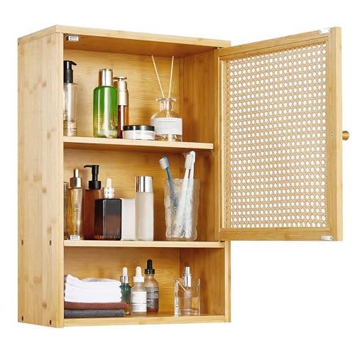 Takywep Bathroom Wall Cabinet, Natural Bamboo with Rattan Doors Adjustable Shelf Wall Mounted, Over Toilet Storage Organizer, Wooden Medicine Cabinet for Bathroom, Kitchen, Laundry, Living Room - color: Natural