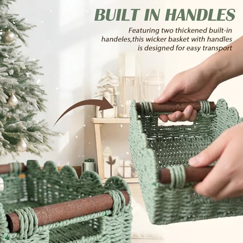 Set of 2 Toilet Paper Storage, Handwoven Small Scalloped Basket with Built-in Handles, Wicker Basket for Home, Living Room(Green) - color: Green