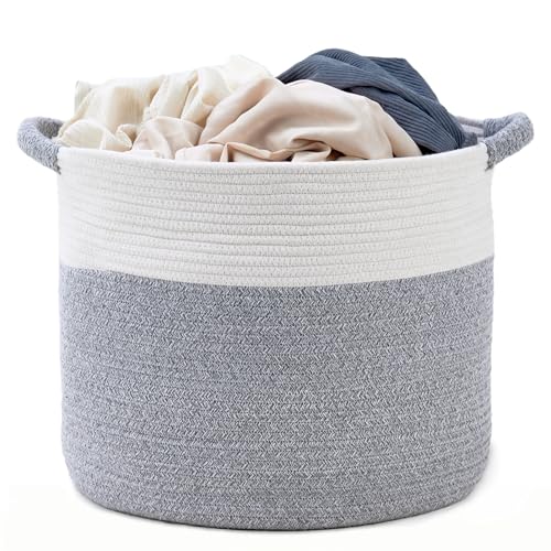 Blanket Basket - Woven Round Rope Storage Basket (16"Wx14"H) for Blankets & Throws, Small Laundry & Toy Organizer, Decorative Living Room & Bedroom Cotton Basket - White & Gray - color: White & Gray, size: Regular-16"Wx14"H