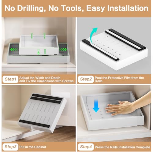 Pull out Cabinet Organizer,Extendable (12"-20") Heavy-Duty Pull-Out Drawers – Secured with Nano Adhesive Tape, Ideal for Cookware Storage, for Kitchen Base Cabinets (21" Dx12-20" W(1 Pack)) - color: White, size: 21" Dx12"-20"W(1 Pack)
