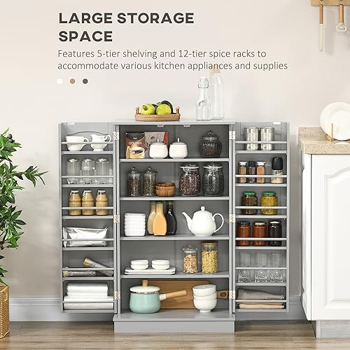 HOMCOM 41" Kitchen Pantry Storage Cabinet, Freestanding Kitchen Cabinet with 12 Door Shelves, Double Doors, 5-Tier Shelving and Adjustable Shelves, Gray - color: Grey, size: 41"H