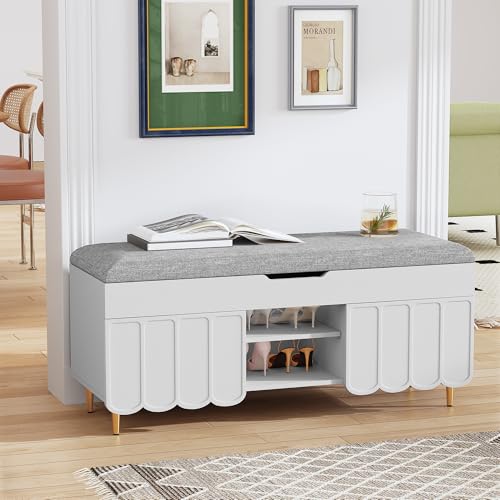 3More 40" Entryway Shoe Storage Bench,Upholstered Hidden Space Beneath Seat Cushion Bench,2-Tier Unique Geometric Shape with Wood Grain,White - color: White